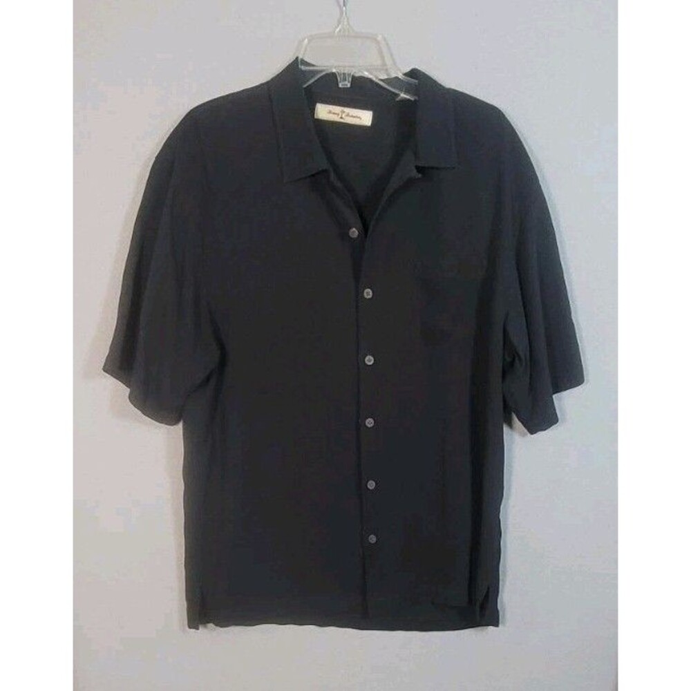 Tommy Bahama Silk Shirt Mens L Black Beach Aloha Resort Button Up Camp Shirt